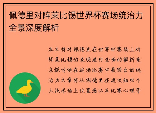 佩德里对阵莱比锡世界杯赛场统治力全景深度解析