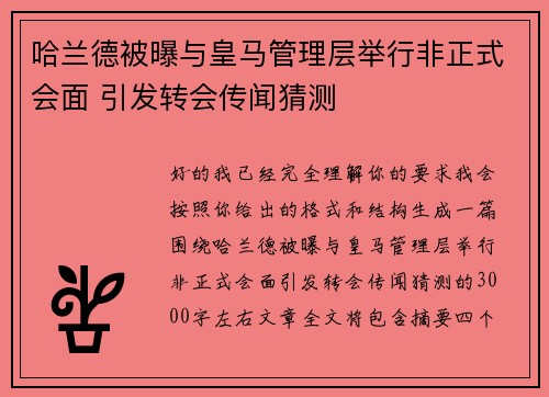 哈兰德被曝与皇马管理层举行非正式会面 引发转会传闻猜测